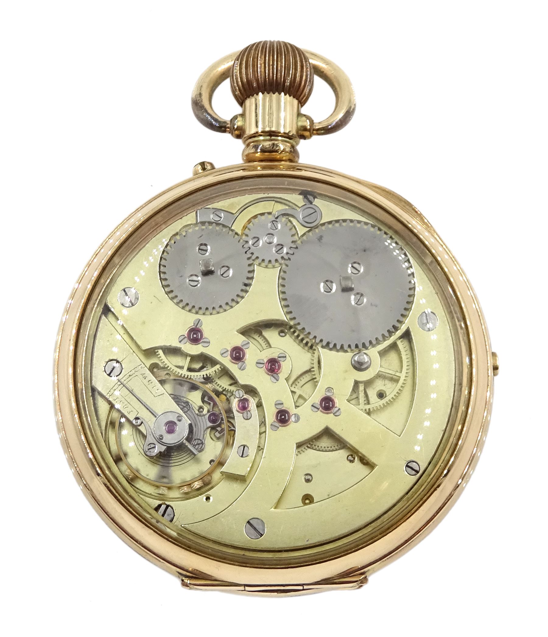 Gold-plated open face keyless lever diablotine chronograph pocket watch, white enamel dial with cent - Image 3 of 4