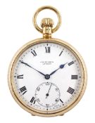 9ct gold open face keyless, 15 jewels pocket watch by J W Benson, London, white enamel dial with Rom