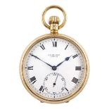 9ct gold open face keyless, 15 jewels pocket watch by J W Benson, London, white enamel dial with Rom