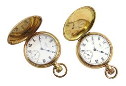 Gold-plated full hunter keyless Swiss lever Traveller pocket watch by Waltham U.S.A, No. 23400017