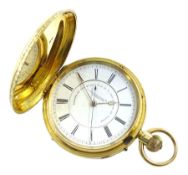 Victorian 18ct gold full hunter, keyless English lever chronograph pocket watch by J. Hargreaves & C