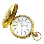 Victorian 18ct gold full hunter, keyless English lever chronograph pocket watch by J. Hargreaves & C