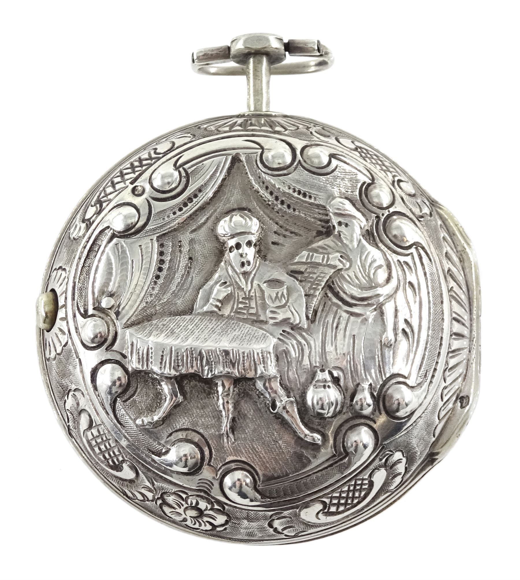 George III silver repousse pair cased verge fusee pocket watch by Samson, London, No. 20384, square - Image 2 of 8