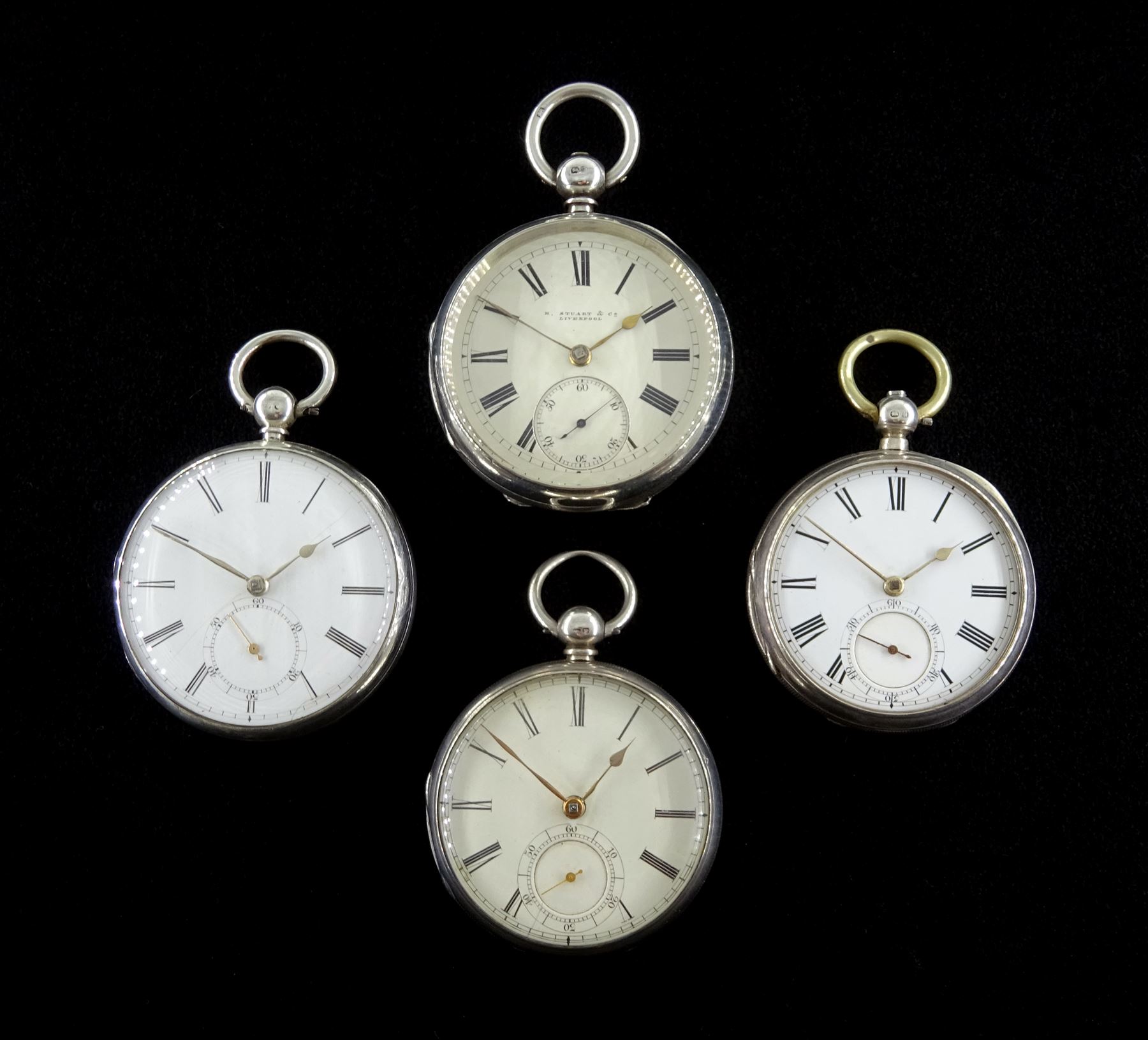 Four Victorian silver open face English lever fusee pocket watches by Horatio Smith and Robertson bo