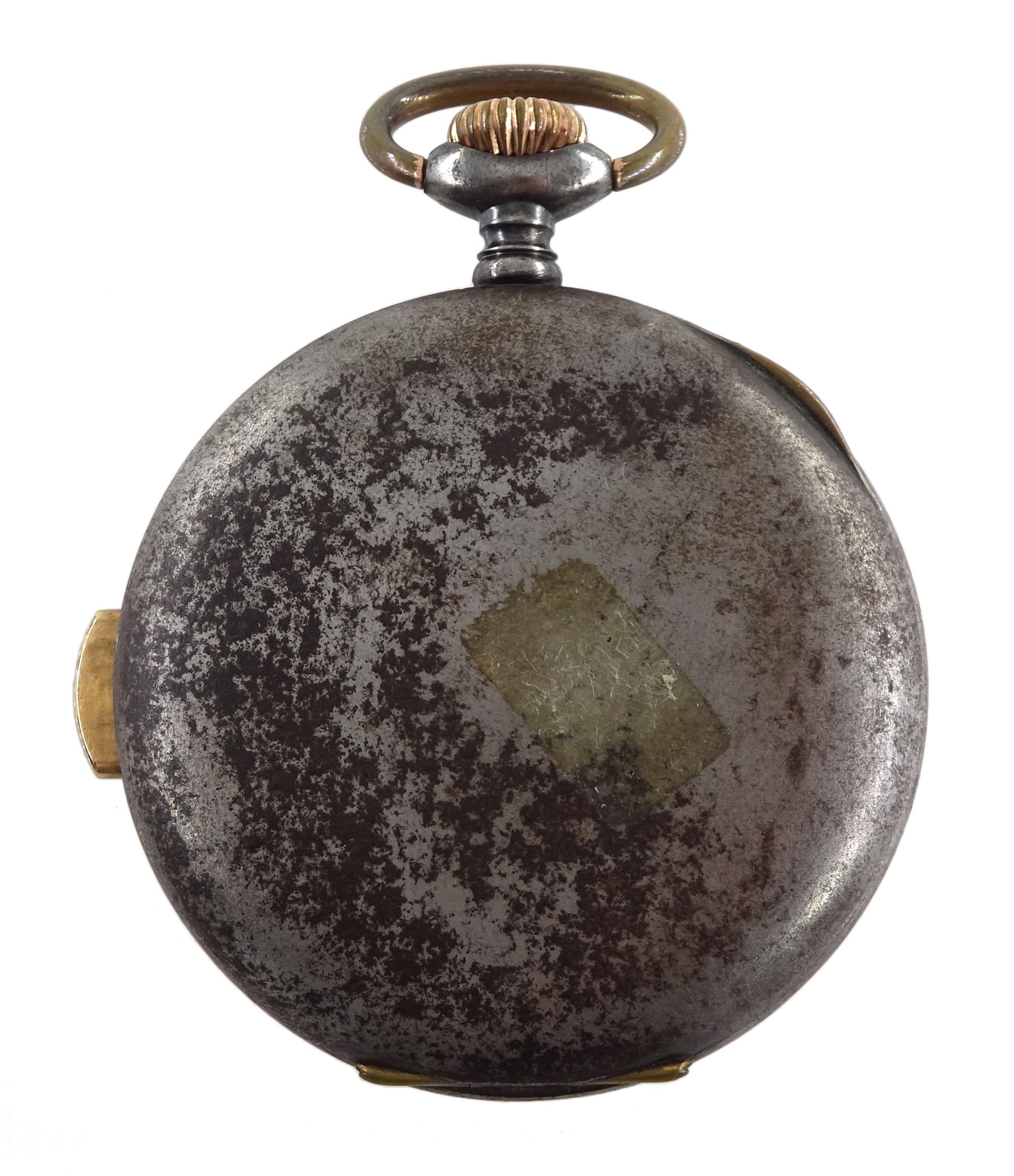 Early 20th century gun metal open face keyless quarter repeating Swiss lever pocket watch, plunge re - Image 2 of 5