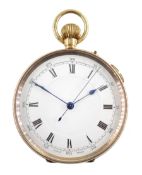 9ct gold open face keyless Swiss lever chronograph pocket watch, white enamel dial with Roman numera