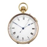 9ct gold open face keyless Swiss lever chronograph pocket watch, white enamel dial with Roman numera