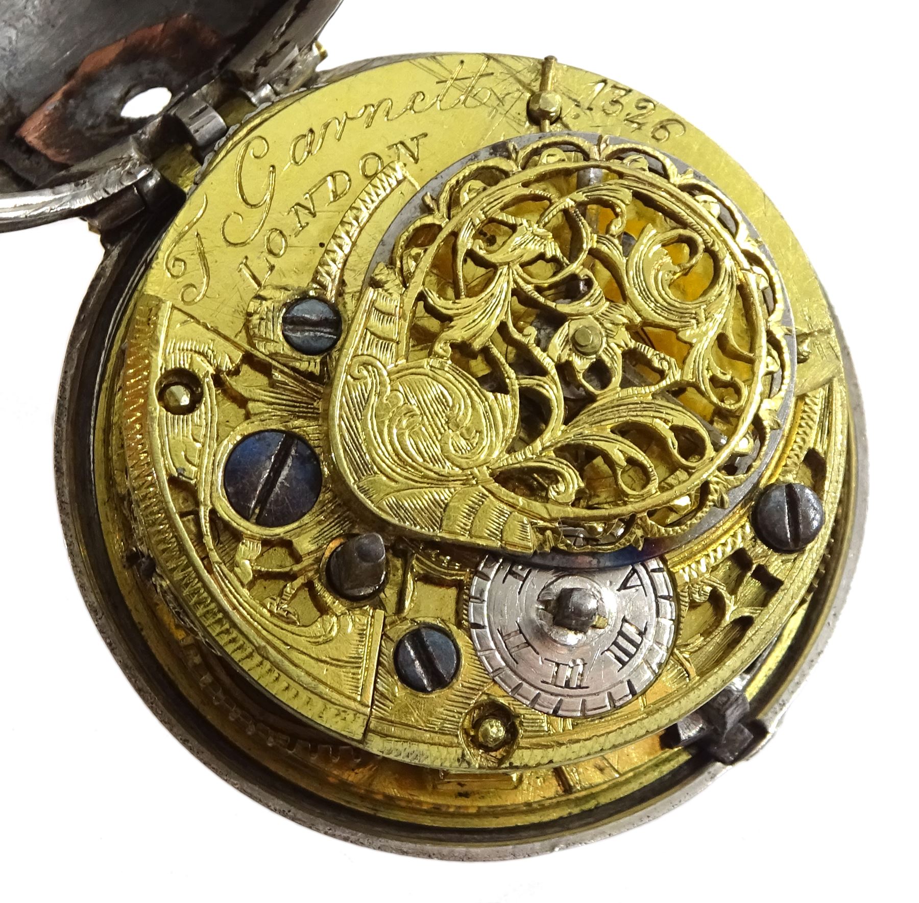 George III silver pair cased verge fusee pocket watch by John Garnett, London, No. 1326, square balu - Image 4 of 7