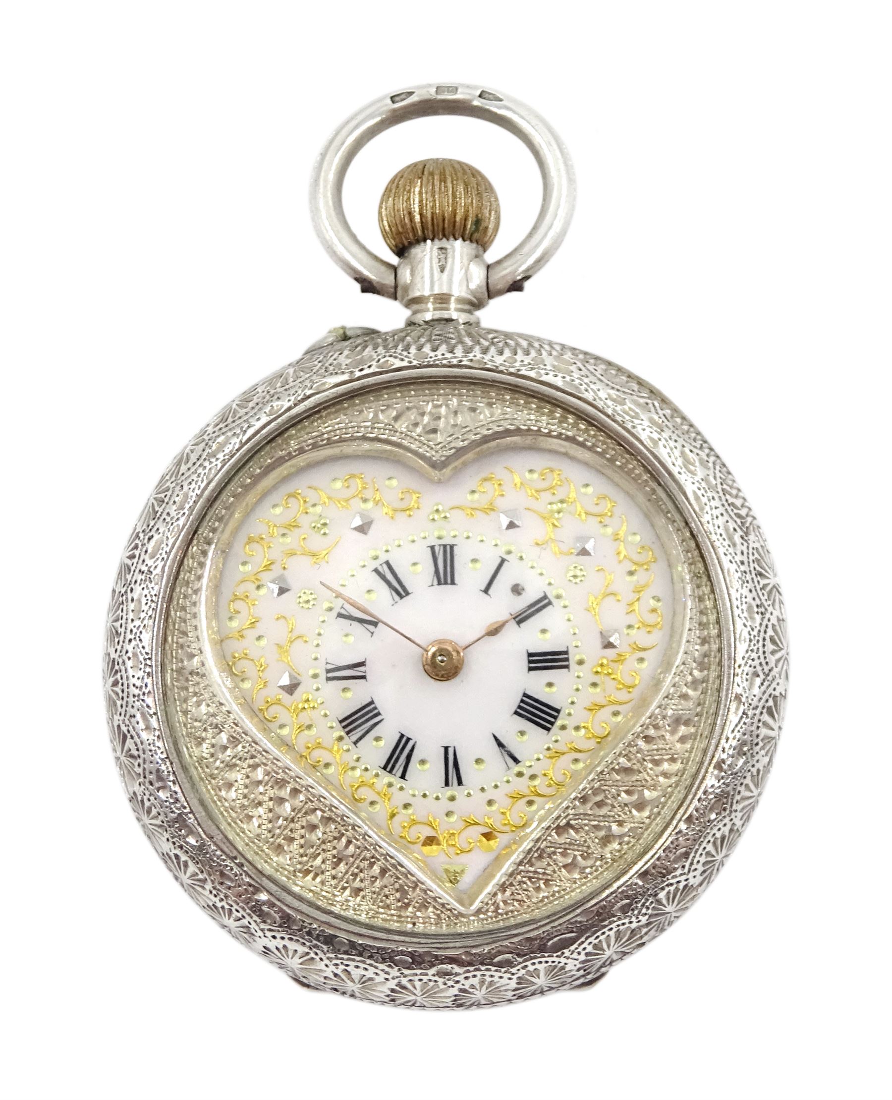 Early 20th century Swiss silver open face keyless cylinder heart shaped fob watch, white enamel dial