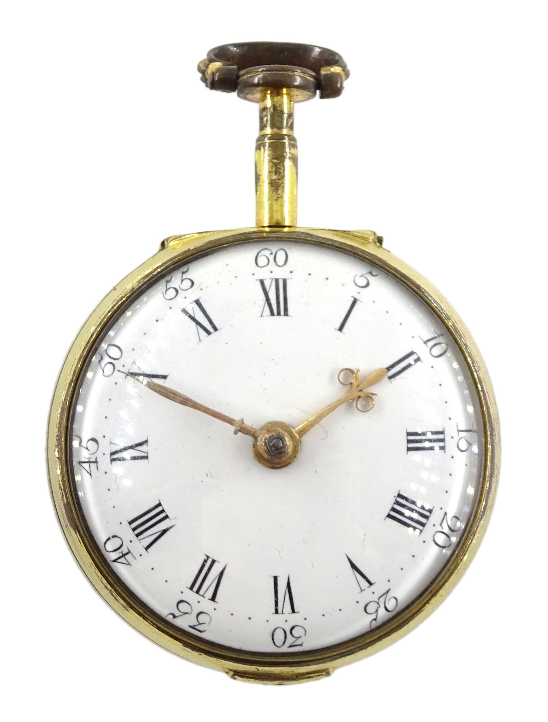 18th century gilt pair cased verge fusee pocket watch by Robert Hyland, London, No. 13345, round bal - Image 4 of 7