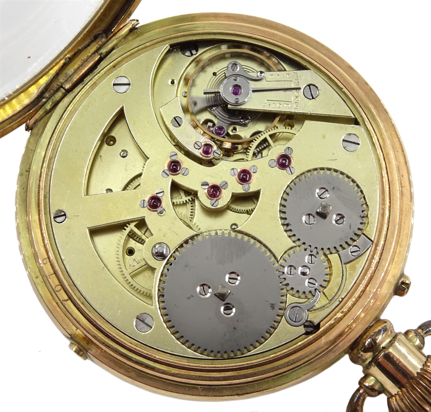 Gold-plated open face keyless lever diablotine chronograph pocket watch, white enamel dial with cent - Image 4 of 4