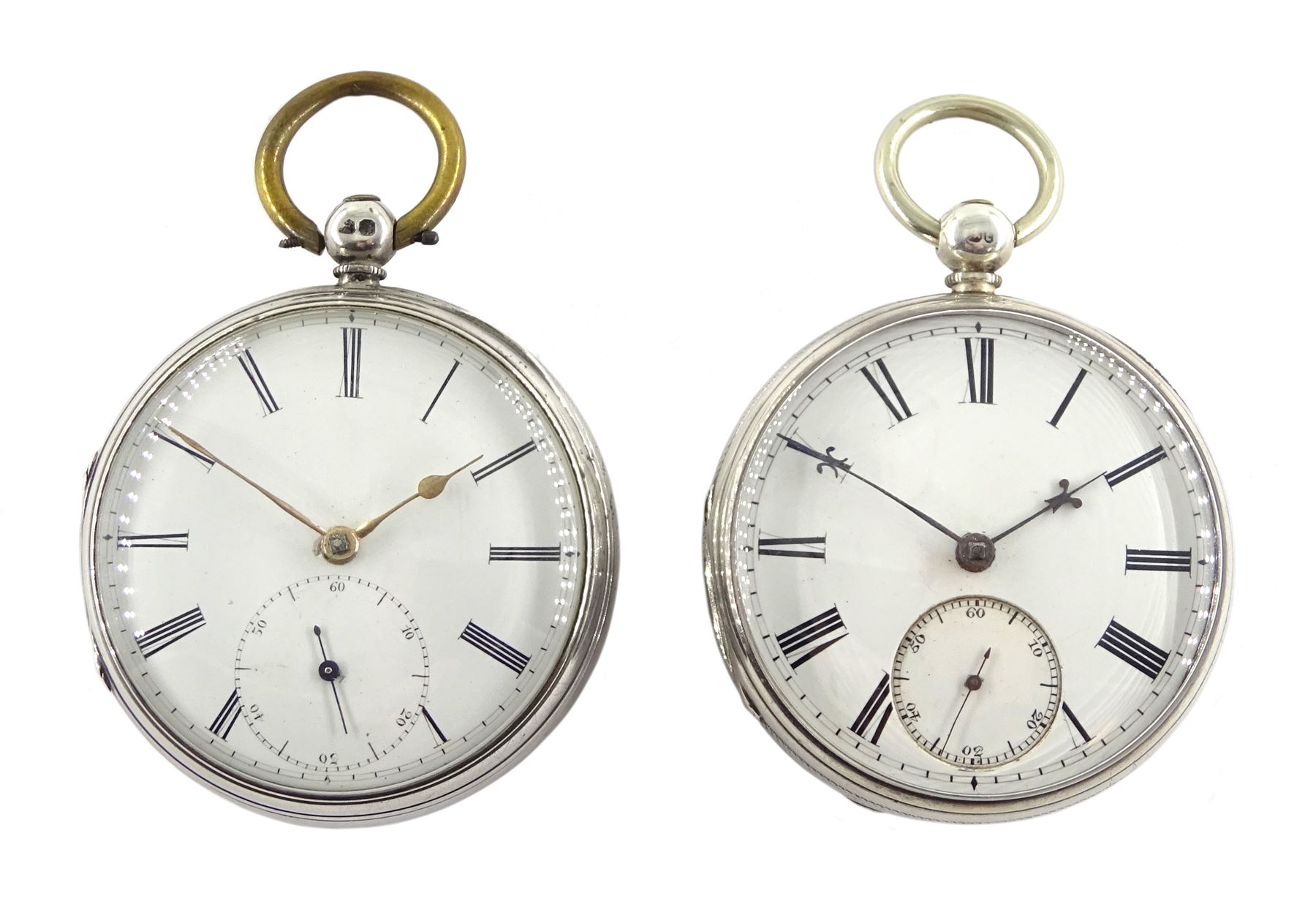 Two silver open face English lever fusee pocket watches, one numbered 14530, engraved balance cocks