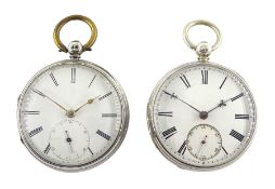 Two silver open face English lever fusee pocket watches, one numbered 14530, engraved balance cocks