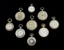 Eight 19th/early 20th century ladies silver key wound and keyless fob and pocket watches, white and