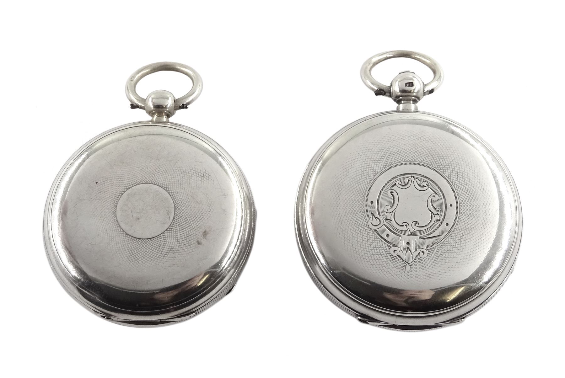 Two Victorian silver open face English lever fusee pocket watches, white enamel dials with Roman num - Image 5 of 5