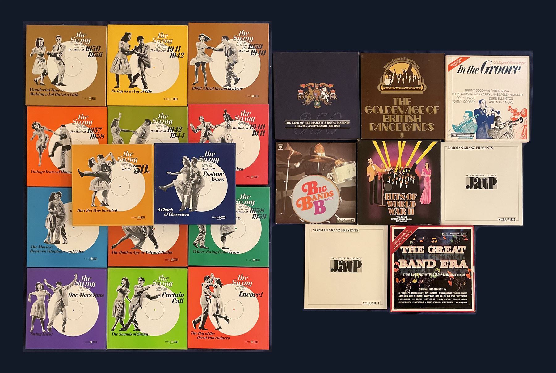 A set of fourteen Time Life Swing Era LP's together with other Jazz LP box sets including Big Bands