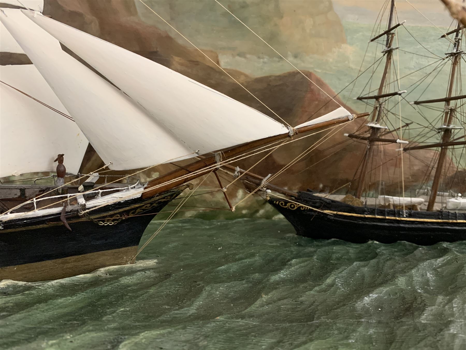 Large early 20th century diorama with three waterline sailing vessels at sea - Image 7 of 8