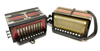 Hohner Germany ten-button melodeon with poker work decoration L32cm; and another German ten-button m