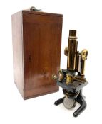 Late 19th/early 20th century brass and black enamelled monocular microscope