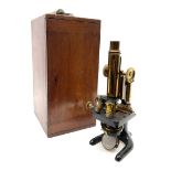 Late 19th/early 20th century brass and black enamelled monocular microscope