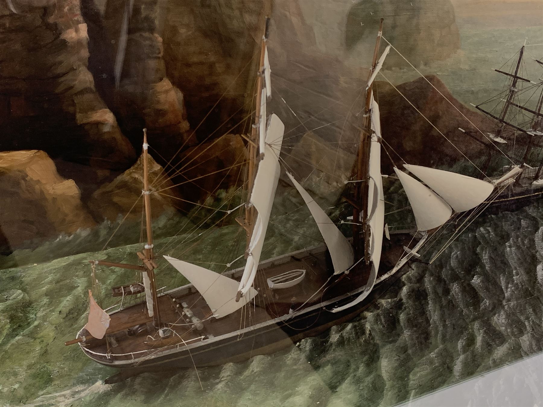 Large early 20th century diorama with three waterline sailing vessels at sea - Image 2 of 8