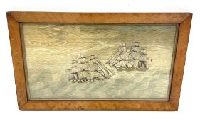 19th century sailor's woolwork picture depicting French and English Men-o-War at sea 26.5 x 47.5cm