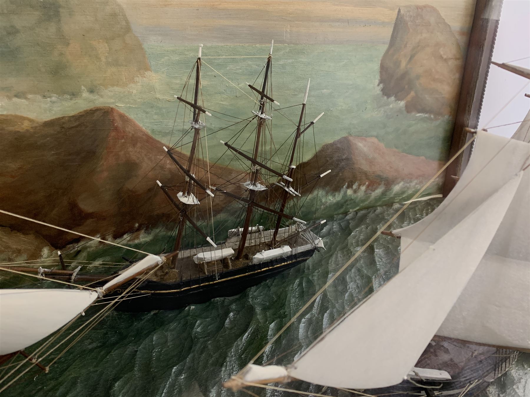 Large early 20th century diorama with three waterline sailing vessels at sea - Image 4 of 8