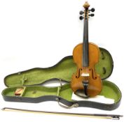 Saxony violin c1930 with 36cm single piece maple back and ribs and spruce top 59cm overall; cased wi