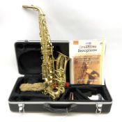 A gear4music brass tenor saxophone serial no.15080448 L67cm in fitted carrying case with accessories