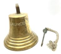 Large brass ship's bell inscribed 'Launcelot' with steel clapper H30cm