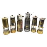 Six miners lamps - Oldham Type 'F' steel and white metal H30cm; Oldham all brass No.900-4090; two Pr