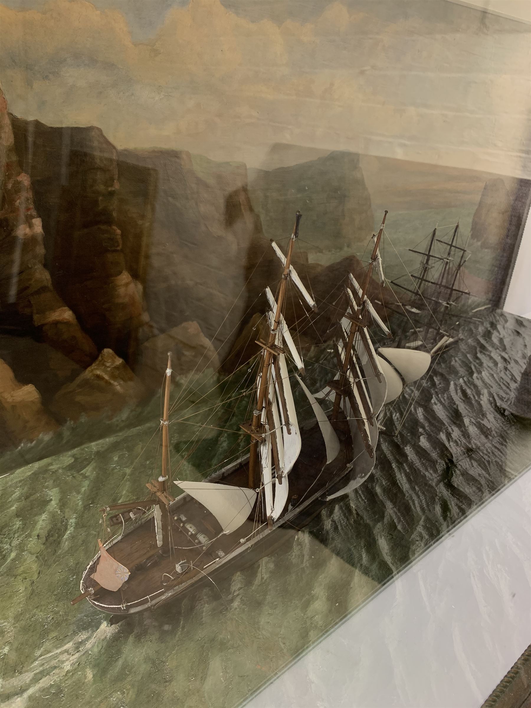 Large early 20th century diorama with three waterline sailing vessels at sea - Image 3 of 8