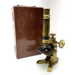 19th century lacquered brass monocular microscope by Moritz Pillischer No.1795 in fitted mahogany bo
