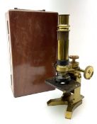 19th century lacquered brass monocular microscope by Moritz Pillischer No.1795 in fitted mahogany bo