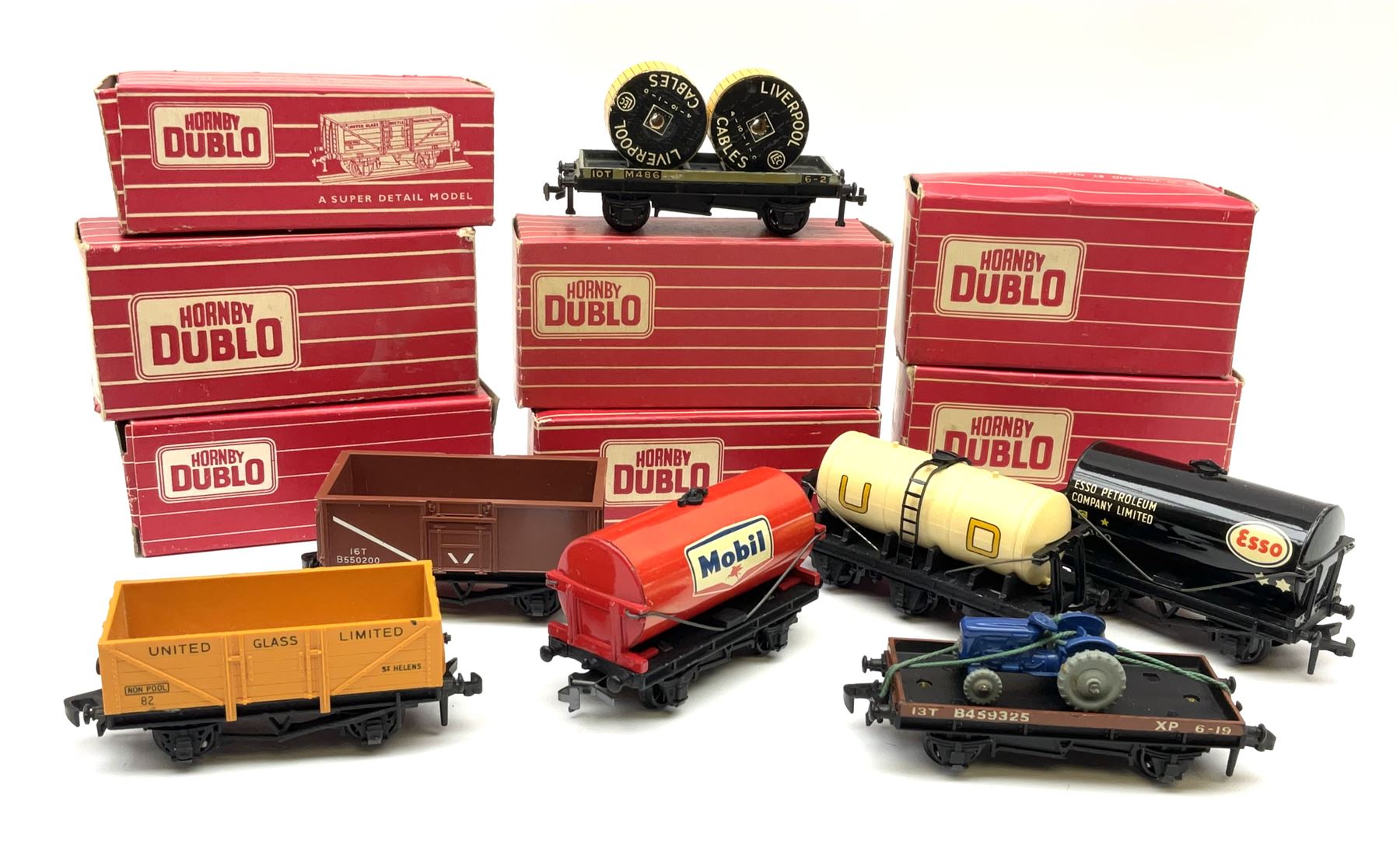 Hornby Dublo - 4646 Low-Sided Wagon D1 with cable drums; 4649 Low-Sided Wagon with tractor; 4656 16-