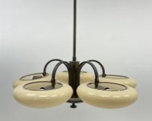 An Art Deco style five branch ceiling light fitting with cream glass shades