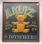 A Kutz Toymaker sign with central low relief decoration of a teddy bear