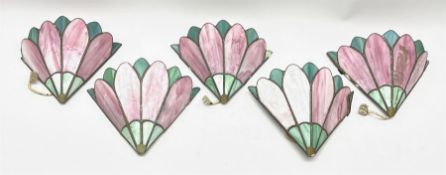 Five Tiffany style pink and blue leaded glass wall lights