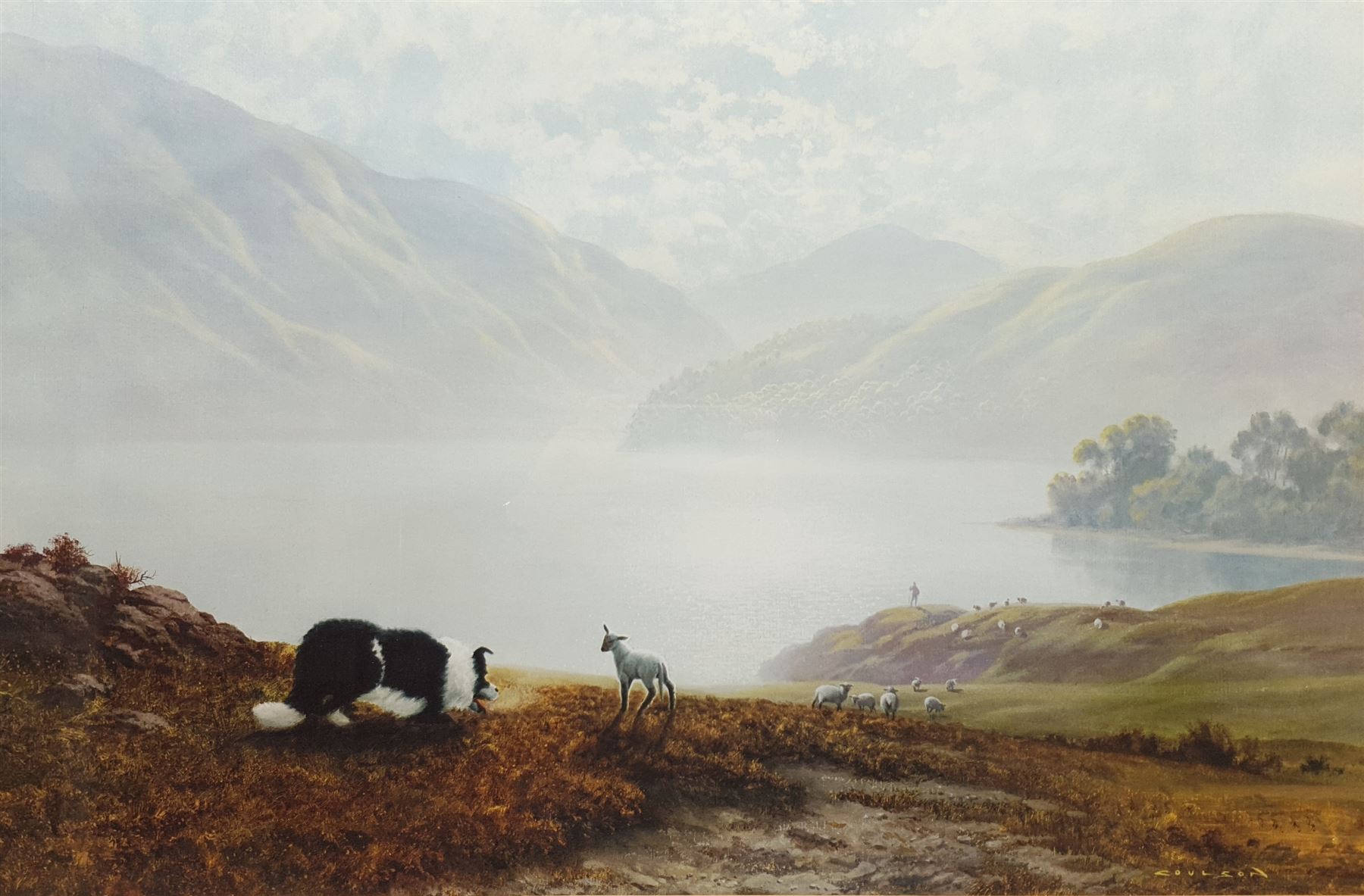 After Gerald Coulson (British 1926-): Herding Sheep on the Lakeside