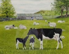 C L Morton (British Contemporary): Sheep and Cattle on a Dales Farm