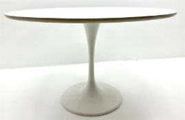 Tulip type circular white finish dining table on tapering support with circular base