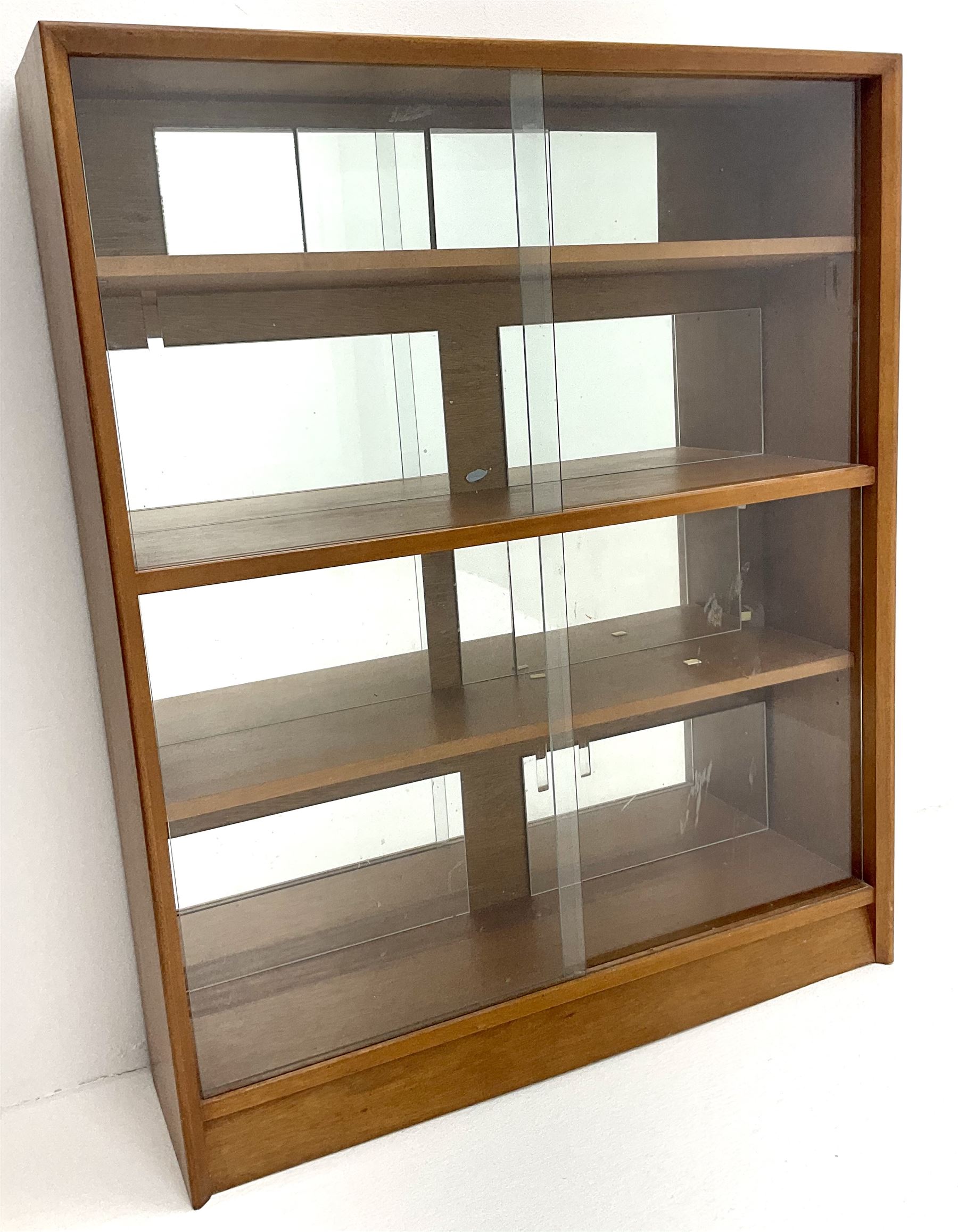 20th century mahogany display cabinet four sliding glazed doors enclosing three shelves