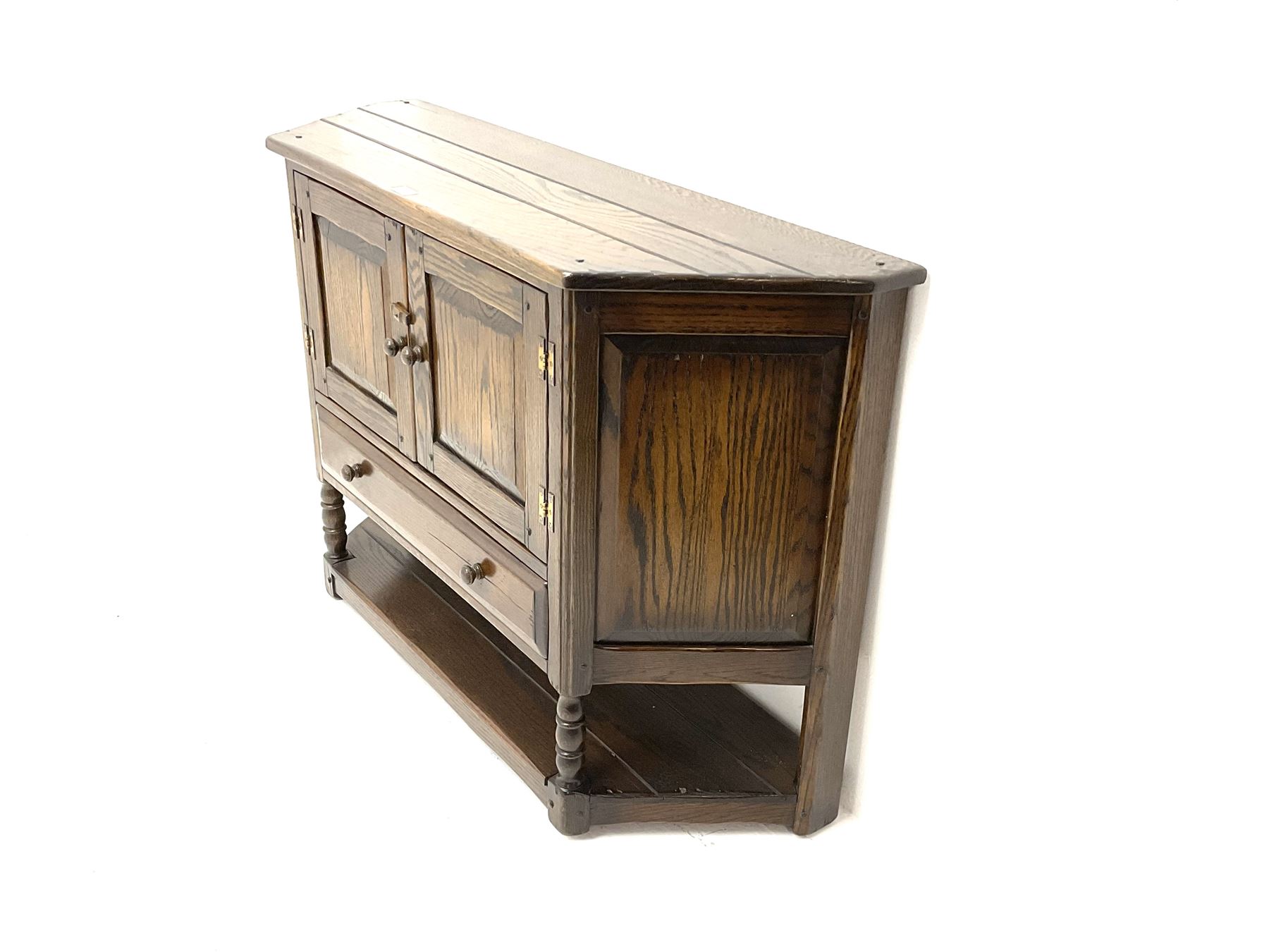 Mid 20th century oak shaped front side cabinet fitted with two cupboards and single drawer - Image 2 of 4