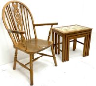Beech and elm Wheel back carver chair (W60cm) and nest of tiled tables (2)