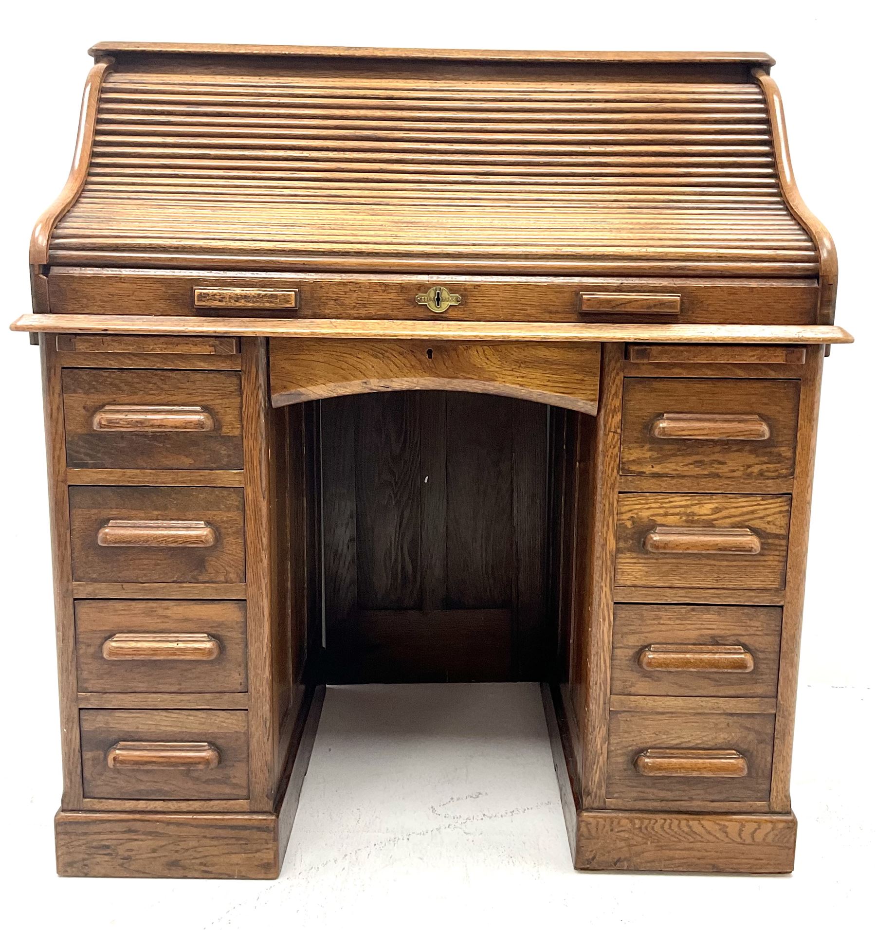 Early 20th century oak twin pedestal shaped tambour roll top desk enclosing fitted interior - Image 2 of 5