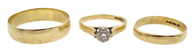 Two gold wedding rings and a gold single stone diamond ring