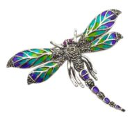 Silver plique-a-jour marcasite insect brooch