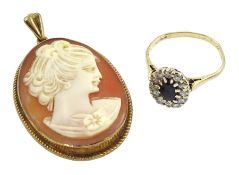 Gold cameo brooch and gold stone set cluster ring