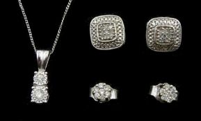 White gold two stone diamond pendant necklace and two pairs of diamond cluster stud earrings