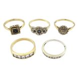 Five 9ct gold stone set rings including two sapphire and diamond rings